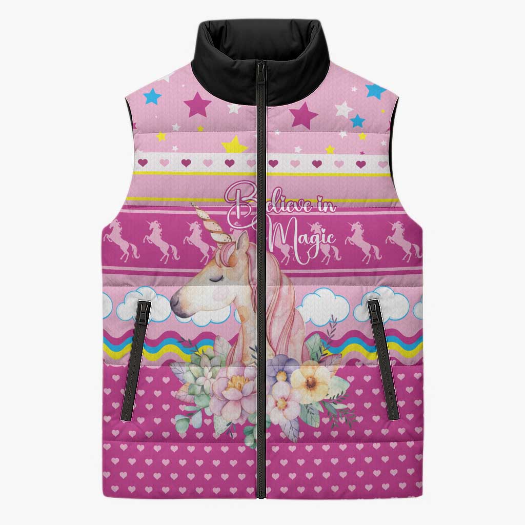 Unicorn Believe In Magic Christmas Sleeveless Puffer Jacket with Believe in Magic Quote Pink Hearts Stars and Rainbow - Wonder Print Shop