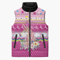Unicorn Believe In Magic Christmas Sleeveless Puffer Jacket with Believe in Magic Quote Pink Hearts Stars and Rainbow - Wonder Print Shop