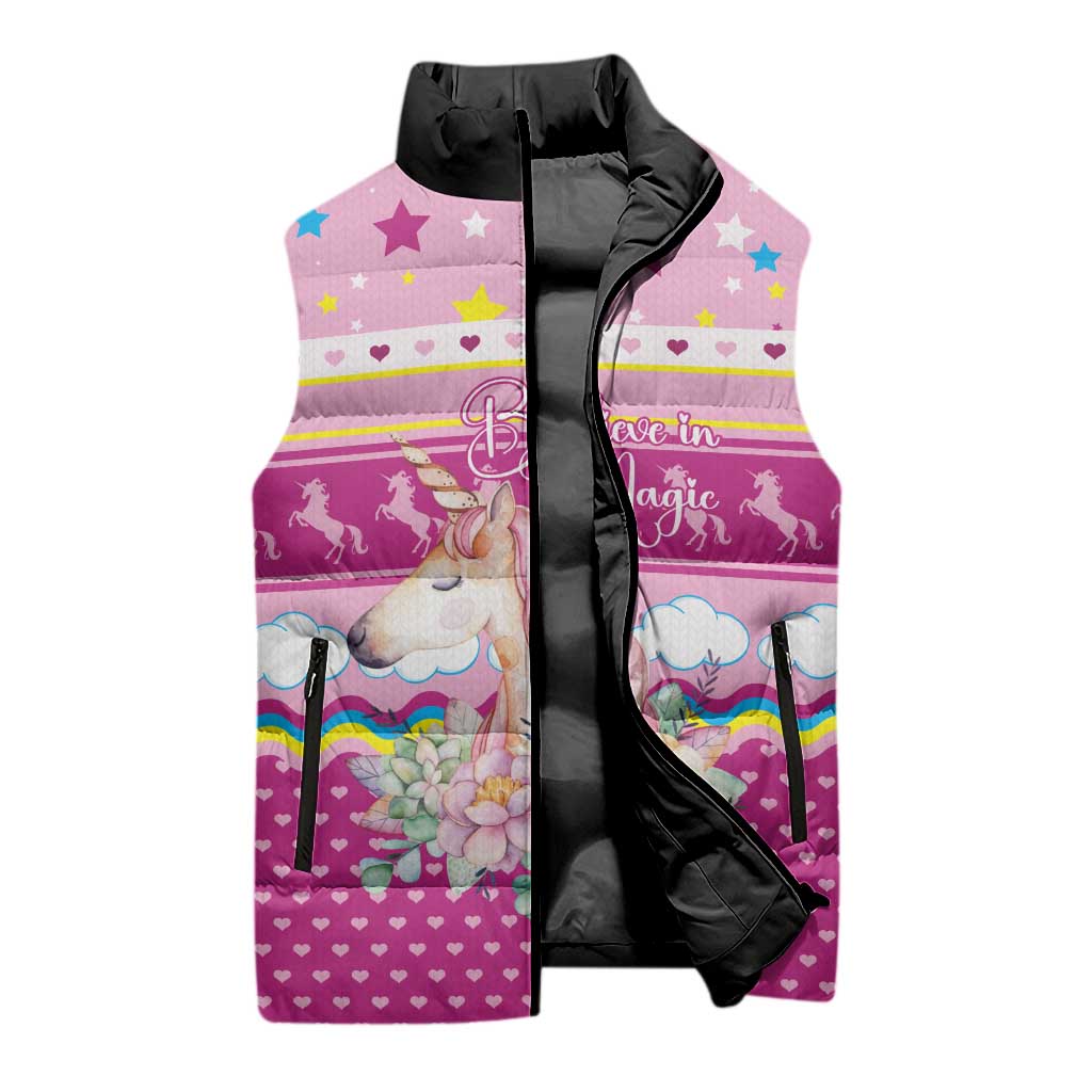 Unicorn Believe In Magic Christmas Sleeveless Puffer Jacket with Believe in Magic Quote Pink Hearts Stars and Rainbow - Wonder Print Shop