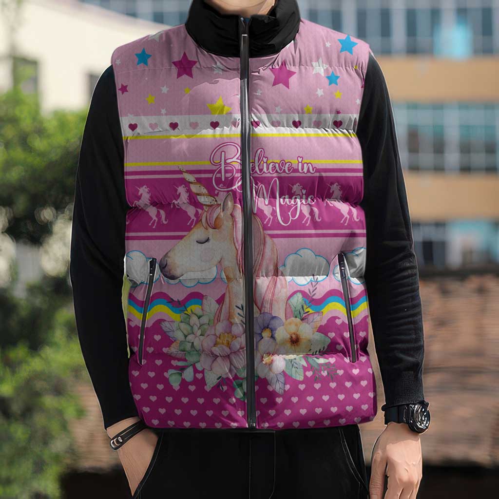 Unicorn Believe In Magic Christmas Sleeveless Puffer Jacket with Believe in Magic Quote Pink Hearts Stars and Rainbow - Wonder Print Shop