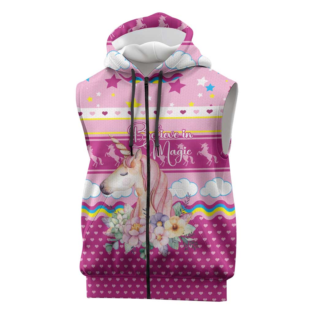 Unicorn Believe In Magic Christmas Sleeveless Zip Hoodie with Believe in Magic Quote Pink Hearts Stars and Rainbow - Wonder Print Shop
