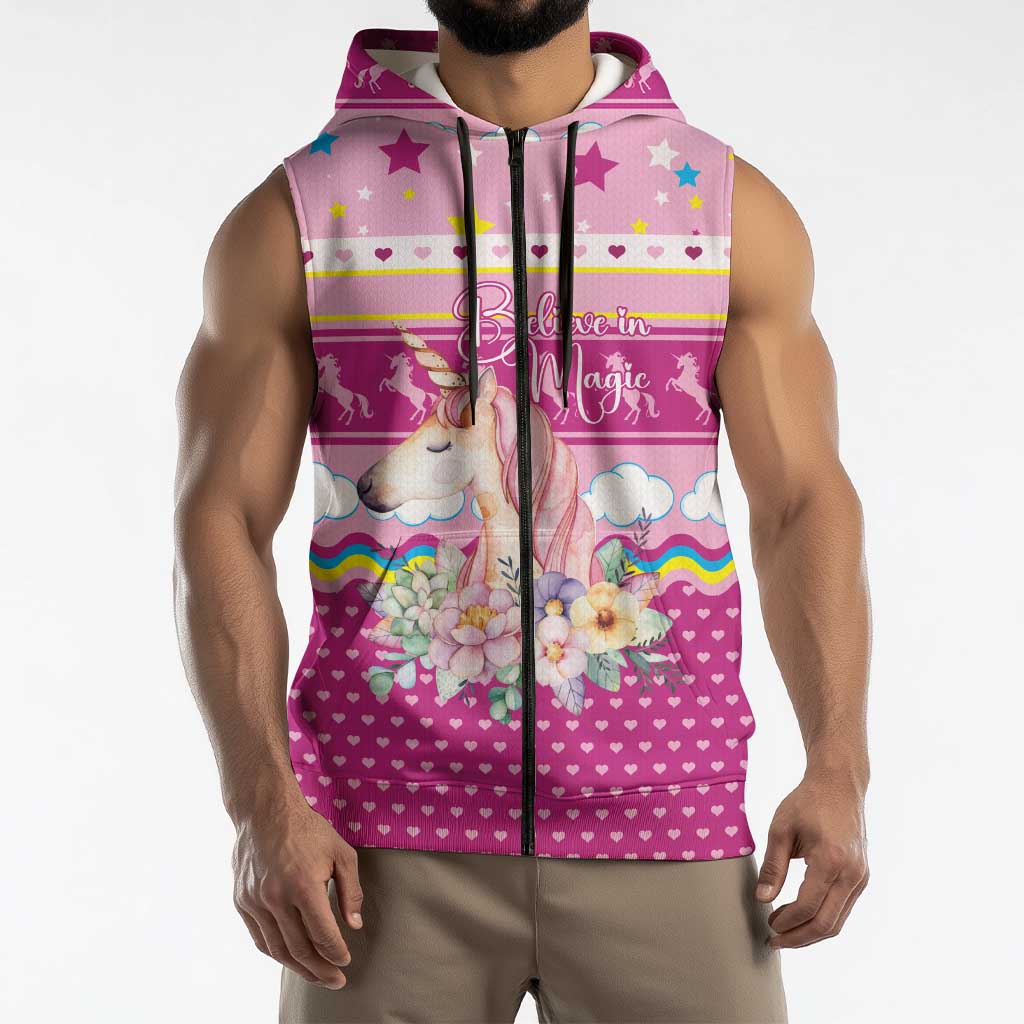 Unicorn Believe In Magic Christmas Sleeveless Zip Hoodie with Believe in Magic Quote Pink Hearts Stars and Rainbow - Wonder Print Shop