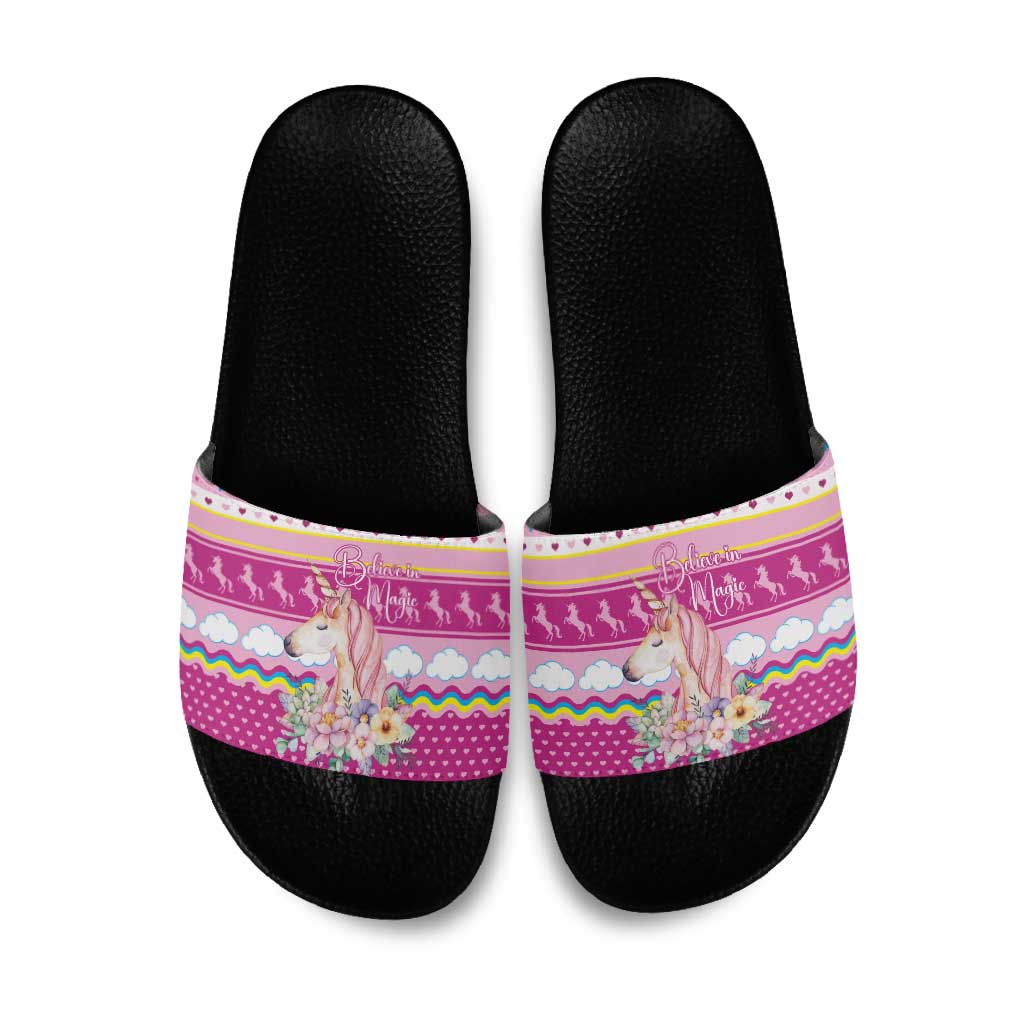 Unicorn Believe In Magic Christmas Slide Sandals with Believe in Magic Quote Pink Hearts Stars and Rainbow - Wonder Print Shop