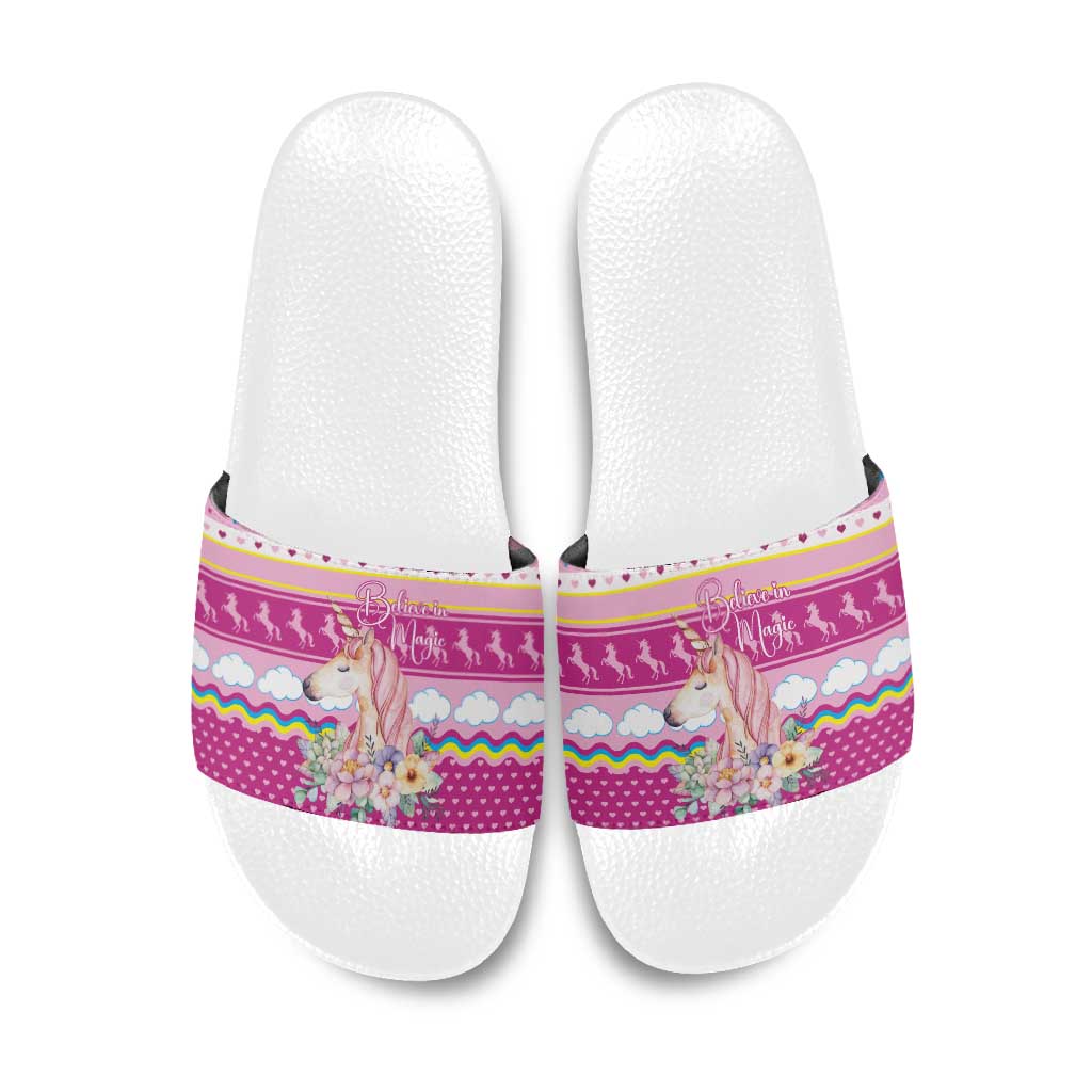 Unicorn Believe In Magic Christmas Slide Sandals with Believe in Magic Quote Pink Hearts Stars and Rainbow - Wonder Print Shop