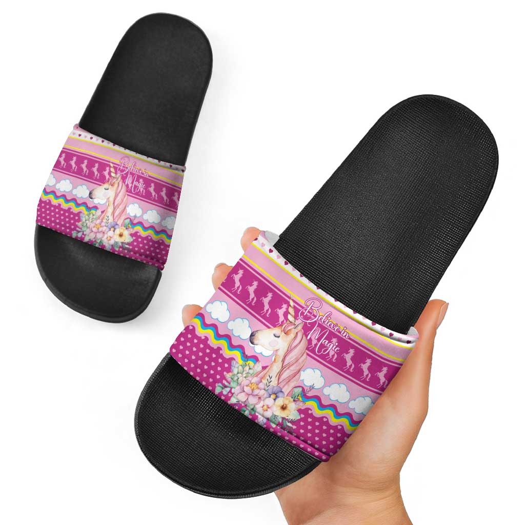 Unicorn Believe In Magic Christmas Slide Sandals with Believe in Magic Quote Pink Hearts Stars and Rainbow - Wonder Print Shop
