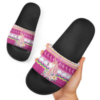 Unicorn Believe In Magic Christmas Slide Sandals with Believe in Magic Quote Pink Hearts Stars and Rainbow - Wonder Print Shop