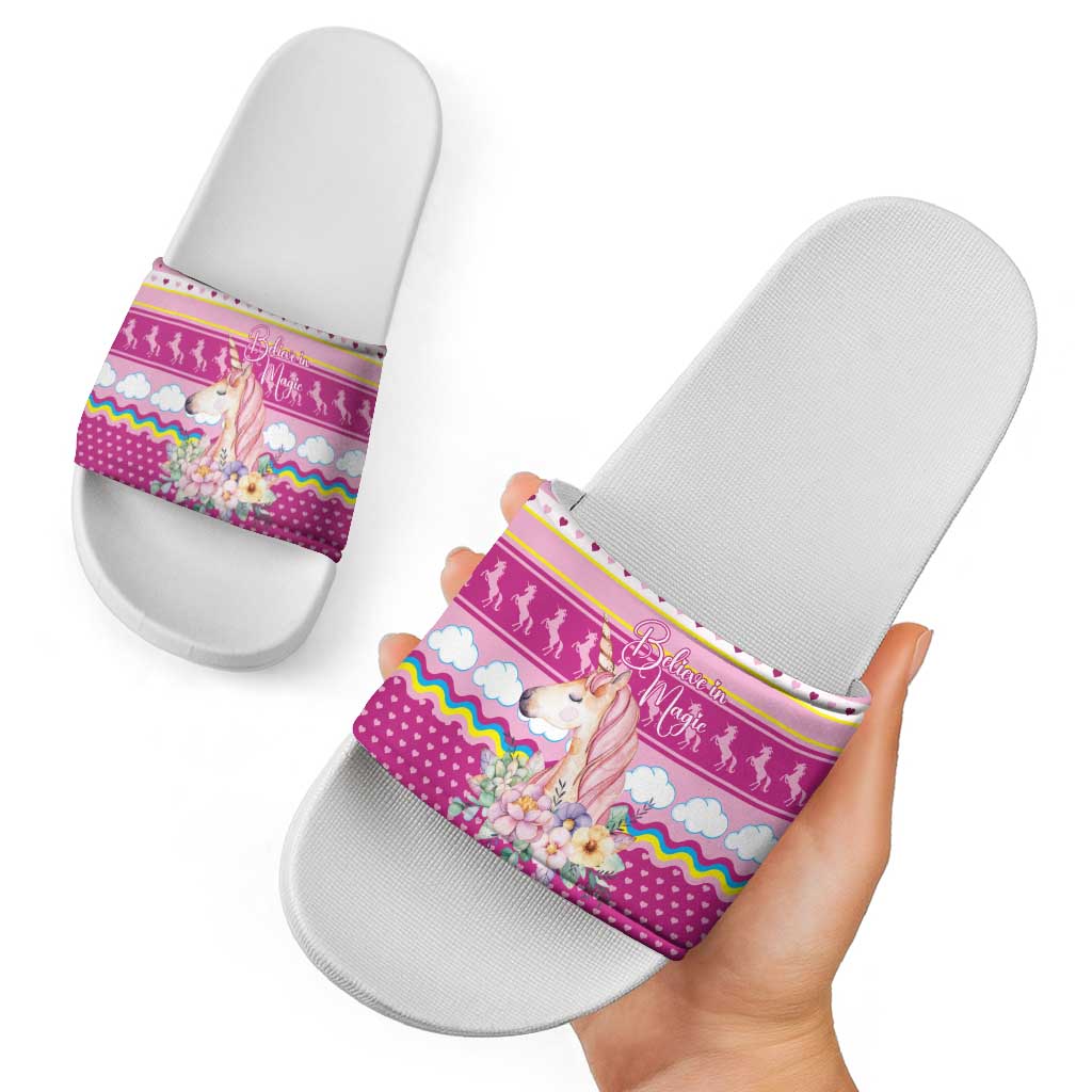Unicorn Believe In Magic Christmas Slide Sandals with Believe in Magic Quote Pink Hearts Stars and Rainbow - Wonder Print Shop