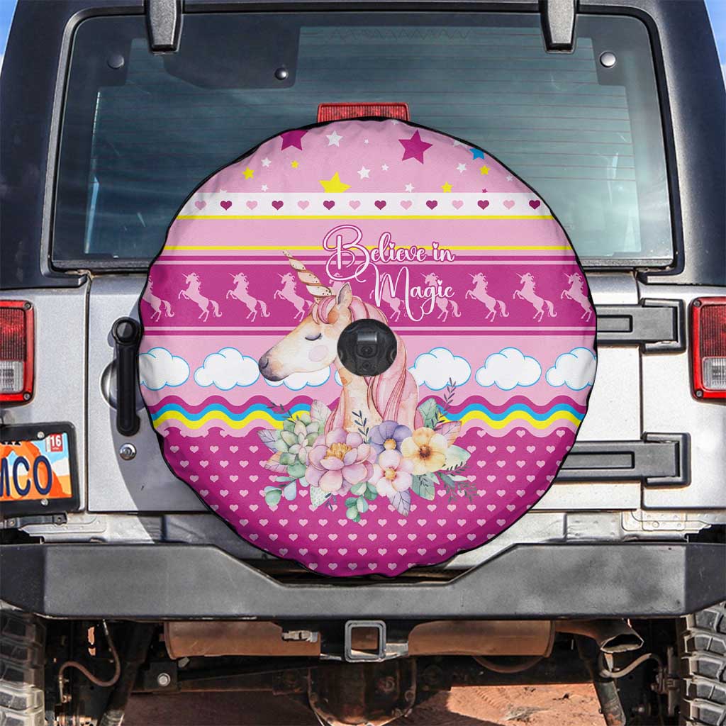 Unicorn Believe In Magic Christmas Spare Tire Cover with Believe in Magic Quote Pink Hearts Stars and Rainbow - Wonder Print Shop