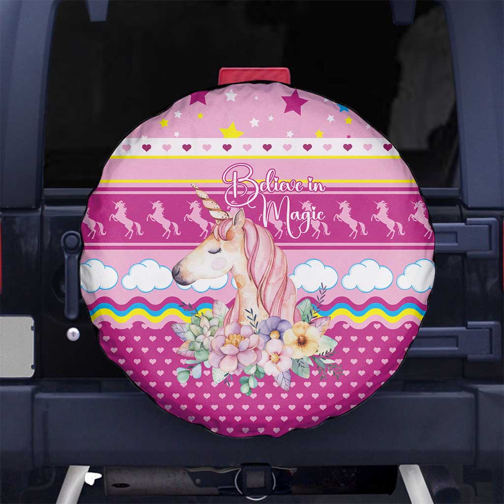 Unicorn Believe In Magic Christmas Spare Tire Cover with Believe in Magic Quote Pink Hearts Stars and Rainbow - Wonder Print Shop