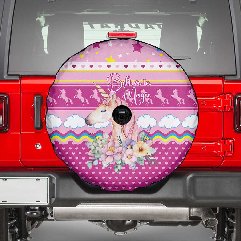 Unicorn Believe In Magic Christmas Spare Tire Cover with Believe in Magic Quote Pink Hearts Stars and Rainbow - Wonder Print Shop