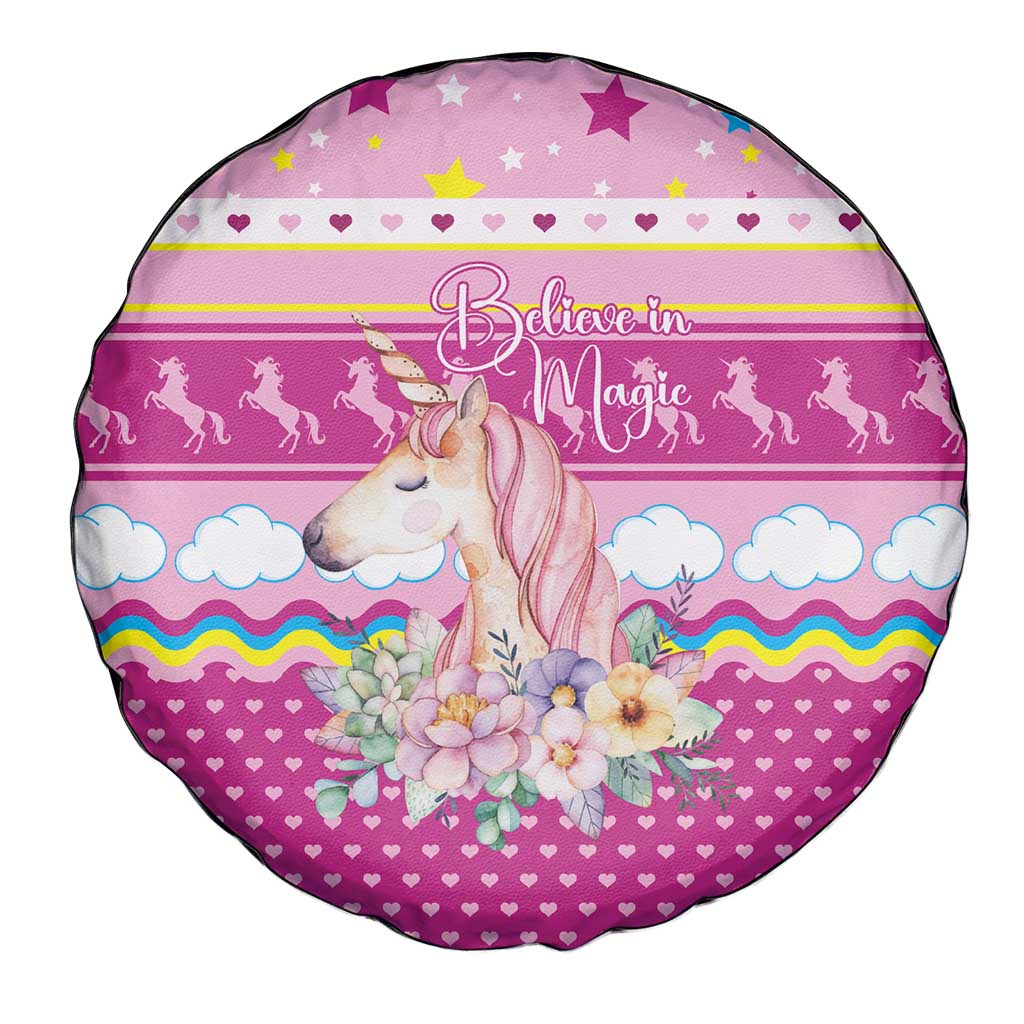 Unicorn Believe In Magic Christmas Spare Tire Cover with Believe in Magic Quote Pink Hearts Stars and Rainbow - Wonder Print Shop