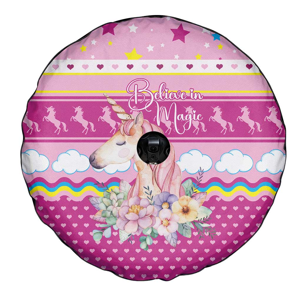 Unicorn Believe In Magic Christmas Spare Tire Cover with Believe in Magic Quote Pink Hearts Stars and Rainbow - Wonder Print Shop