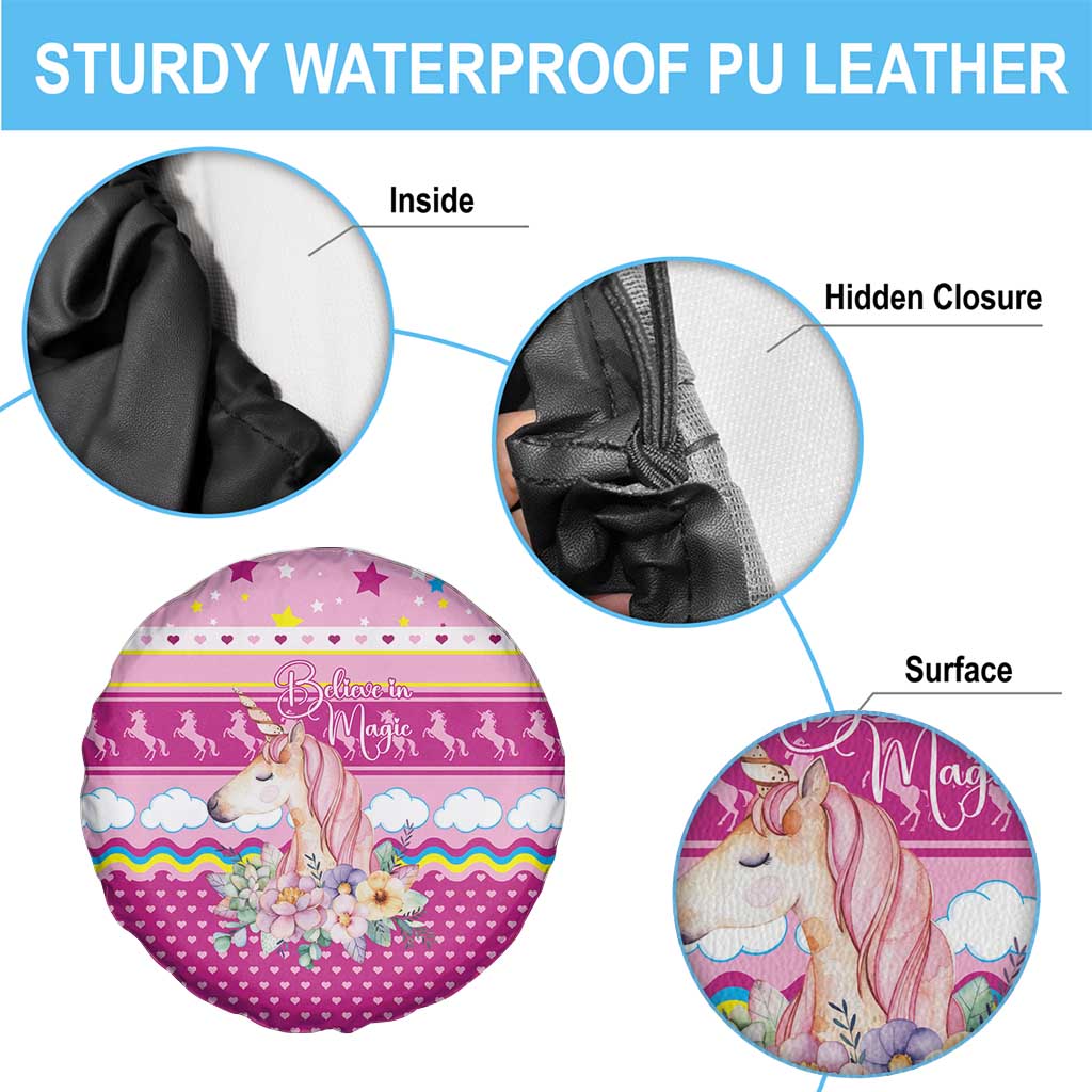 Unicorn Believe In Magic Christmas Spare Tire Cover with Believe in Magic Quote Pink Hearts Stars and Rainbow - Wonder Print Shop