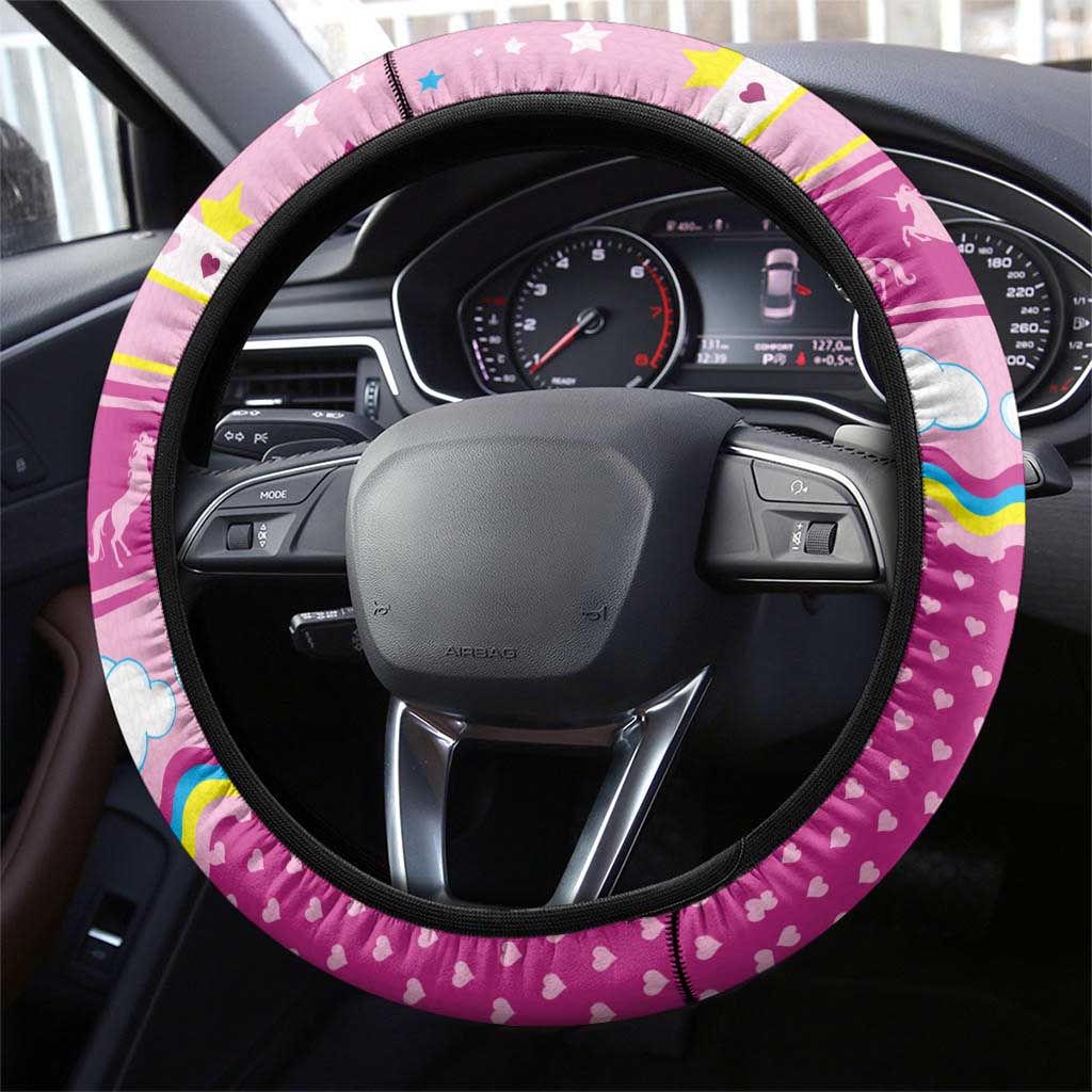 Unicorn Believe In Magic Christmas Steering Wheel Cover with Believe in Magic Quote Pink Hearts Stars and Rainbow - Wonder Print Shop