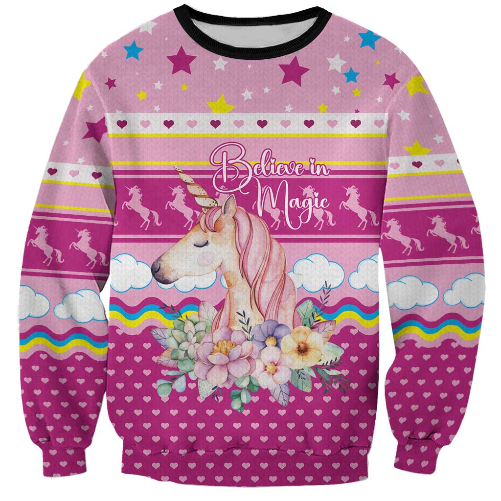 Unicorn Believe In Magic Christmas Sweatshirt with Believe in Magic Quote Pink Hearts Stars and Rainbow - Wonder Print Shop