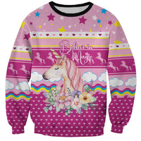 Unicorn Believe In Magic Christmas Sweatshirt with Believe in Magic Quote Pink Hearts Stars and Rainbow - Wonder Print Shop
