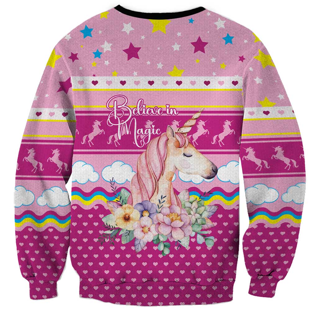 Unicorn Believe In Magic Christmas Sweatshirt with Believe in Magic Quote Pink Hearts Stars and Rainbow - Wonder Print Shop