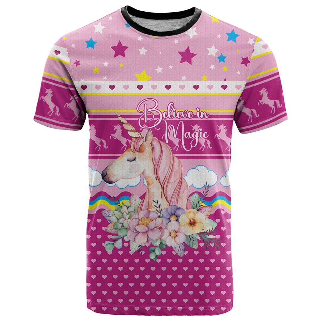 Unicorn Believe In Magic Christmas T Shirt with Believe in Magic Quote Pink Hearts Stars and Rainbow - Wonder Print Shop
