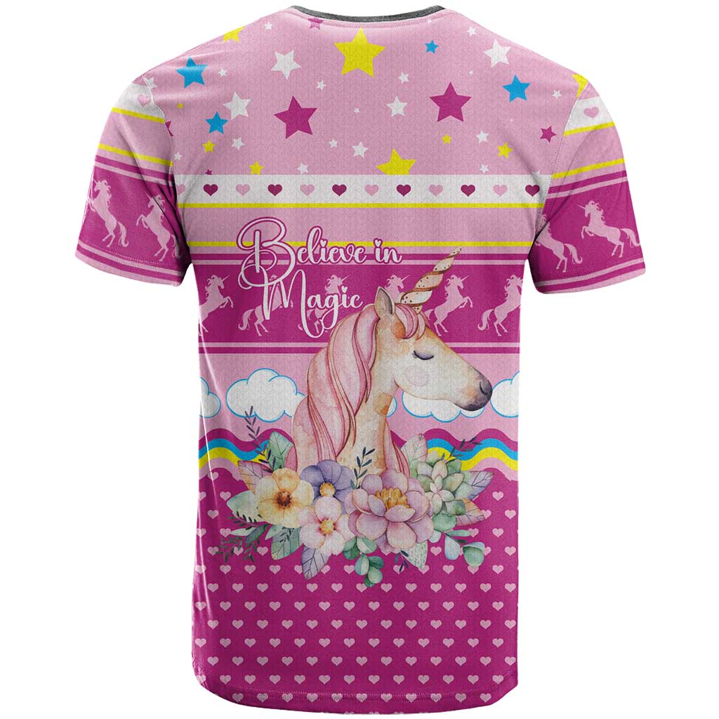 Unicorn Believe In Magic Christmas T Shirt with Believe in Magic Quote Pink Hearts Stars and Rainbow - Wonder Print Shop