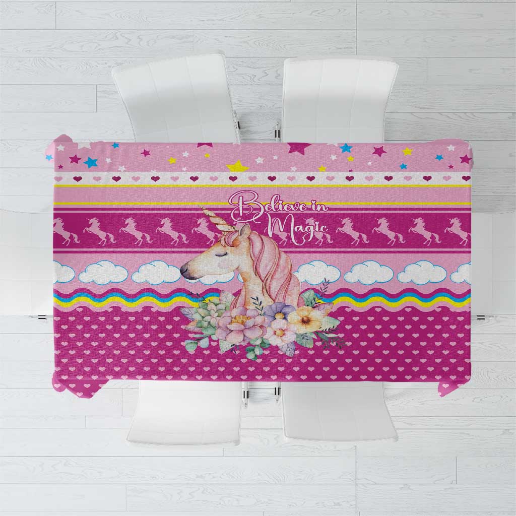 Unicorn Believe In Magic Christmas Tablecloth with Believe in Magic Quote Pink Hearts Stars and Rainbow - Wonder Print Shop