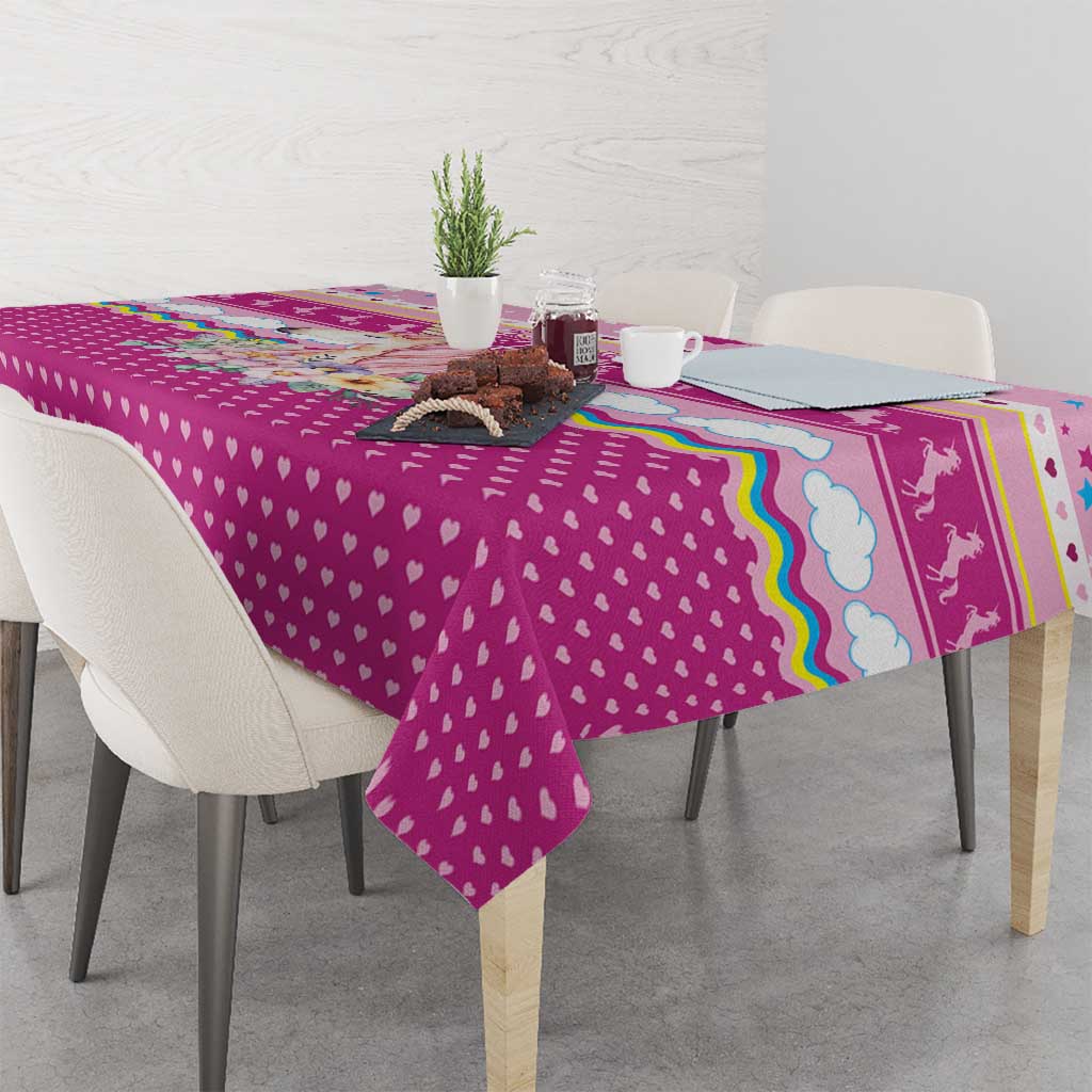Unicorn Believe In Magic Christmas Tablecloth with Believe in Magic Quote Pink Hearts Stars and Rainbow - Wonder Print Shop