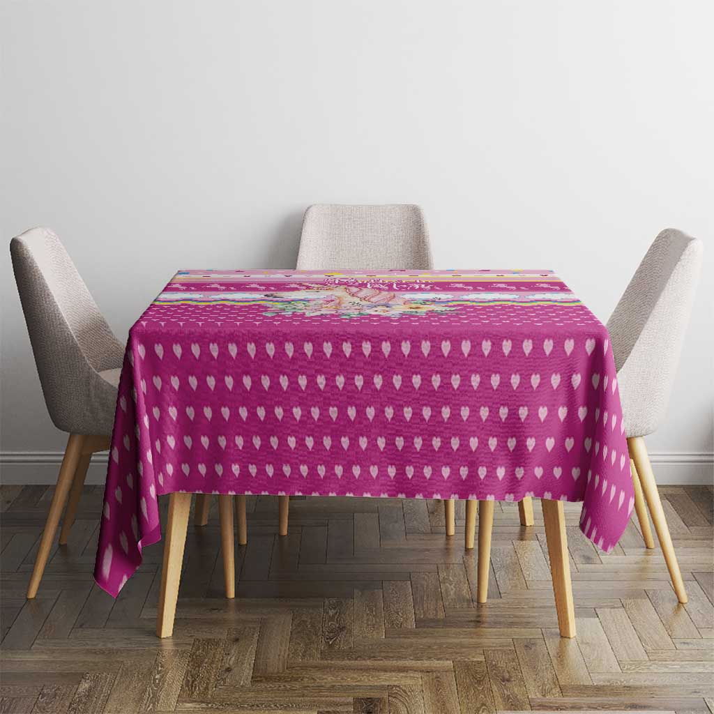 Unicorn Believe In Magic Christmas Tablecloth with Believe in Magic Quote Pink Hearts Stars and Rainbow - Wonder Print Shop