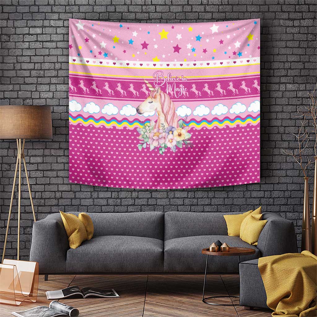 Unicorn Believe In Magic Christmas Tapestry with Believe in Magic Quote Pink Hearts Stars and Rainbow - Wonder Print Shop