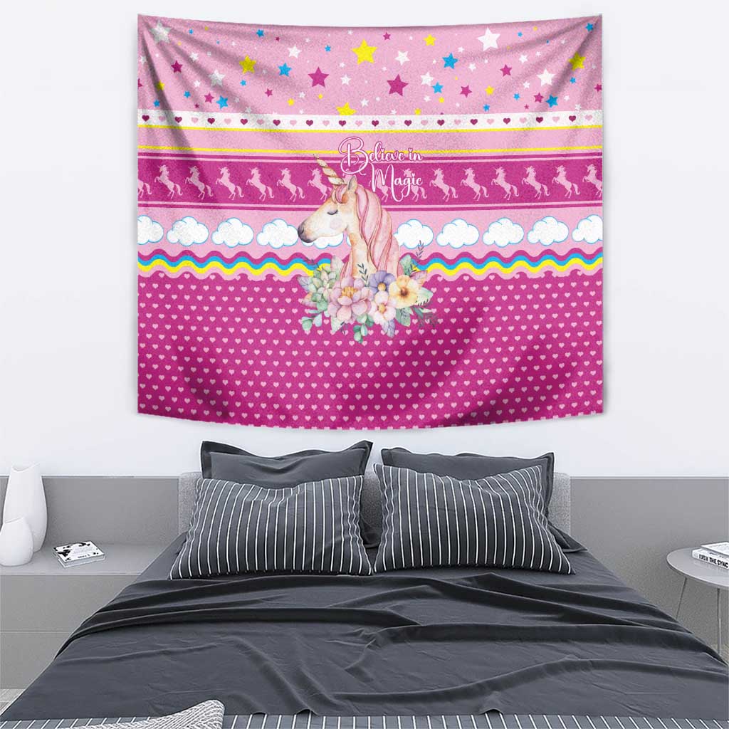 Unicorn Believe In Magic Christmas Tapestry with Believe in Magic Quote Pink Hearts Stars and Rainbow - Wonder Print Shop