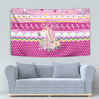 Unicorn Believe In Magic Christmas Tapestry with Believe in Magic Quote Pink Hearts Stars and Rainbow - Wonder Print Shop