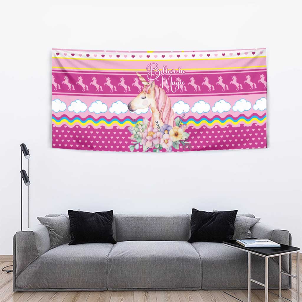 Unicorn Believe In Magic Christmas Tapestry with Believe in Magic Quote Pink Hearts Stars and Rainbow - Wonder Print Shop