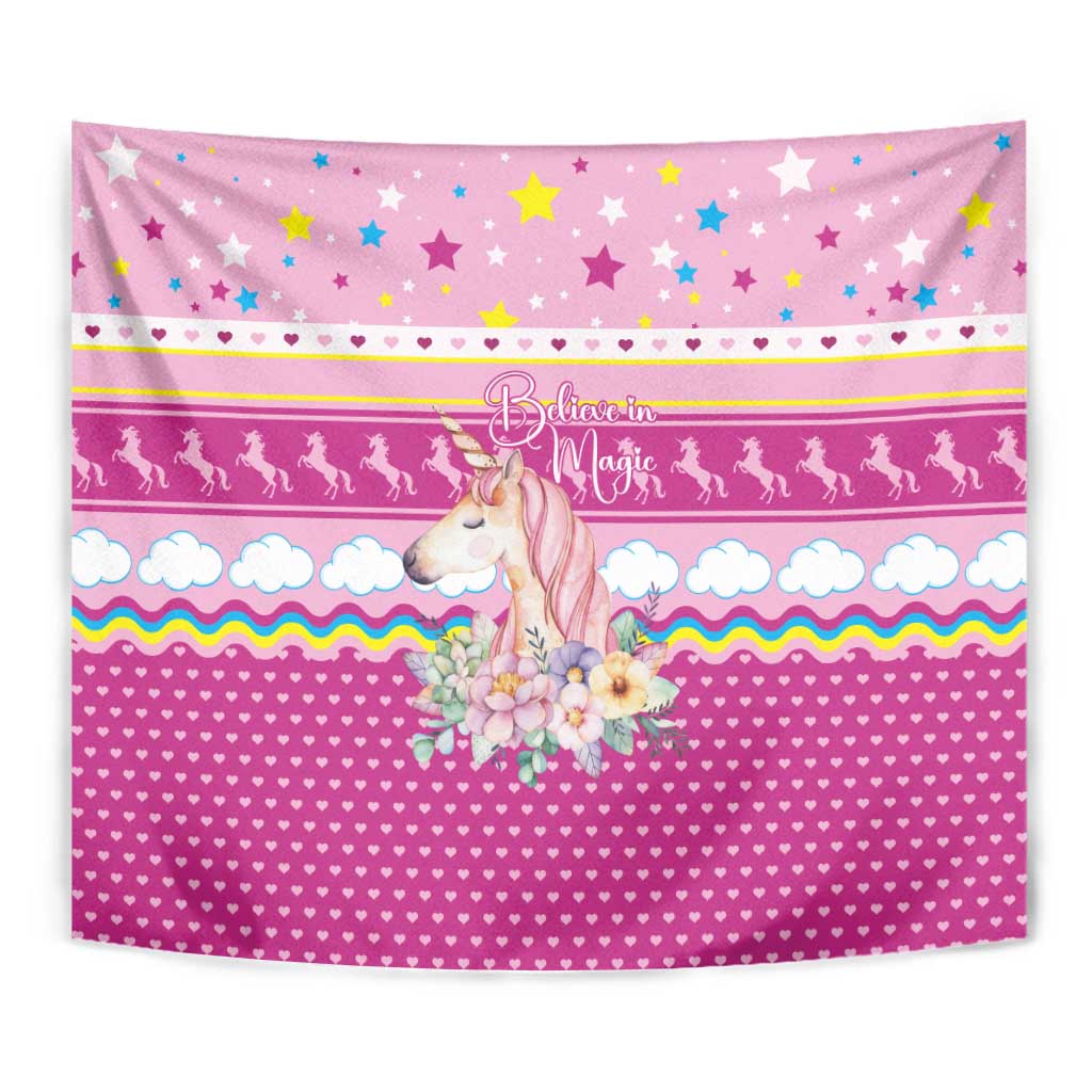 Unicorn Believe In Magic Christmas Tapestry with Believe in Magic Quote Pink Hearts Stars and Rainbow - Wonder Print Shop