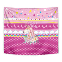 Unicorn Believe In Magic Christmas Tapestry with Believe in Magic Quote Pink Hearts Stars and Rainbow - Wonder Print Shop