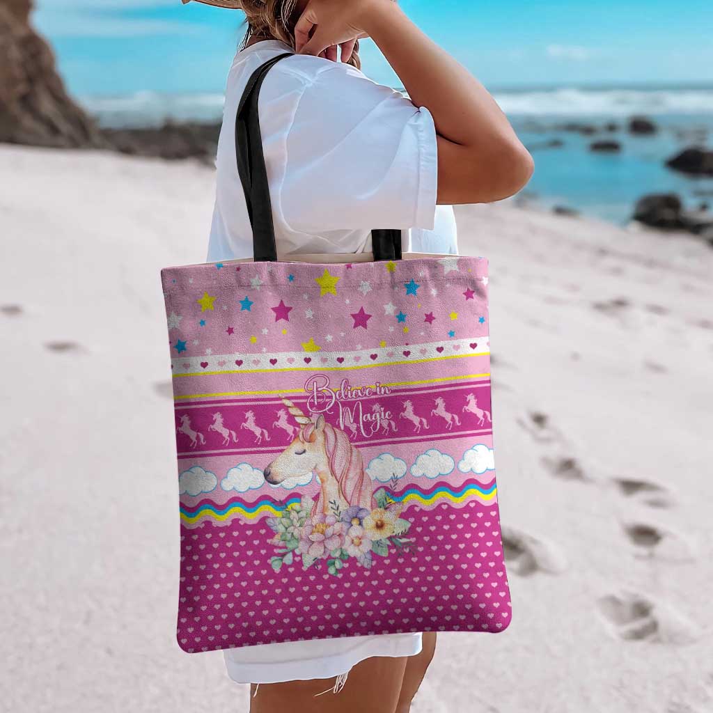 Unicorn Believe In Magic Christmas Tote Bag with Believe in Magic Quote Pink Hearts Stars and Rainbow - Wonder Print Shop
