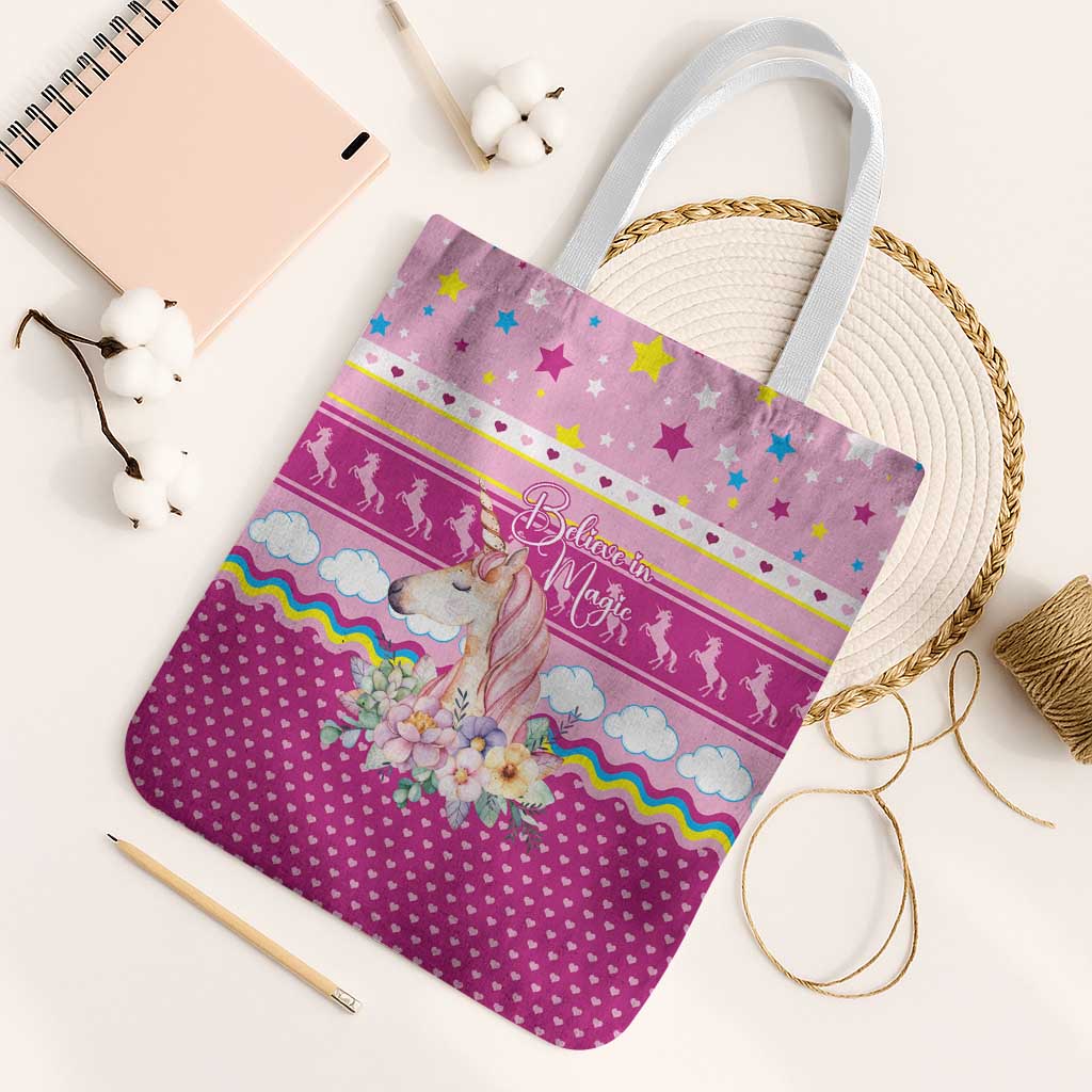Unicorn Believe In Magic Christmas Tote Bag with Believe in Magic Quote Pink Hearts Stars and Rainbow - Wonder Print Shop