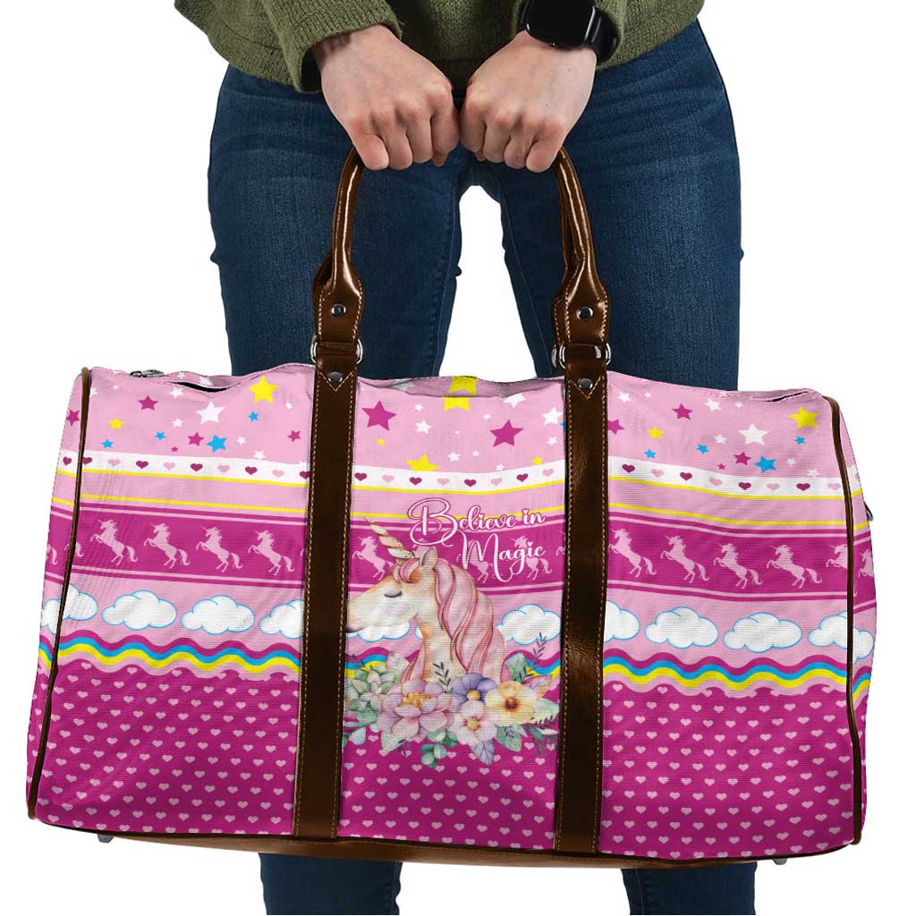 Unicorn Believe In Magic Christmas Travel Bag with Believe in Magic Quote Pink Hearts Stars and Rainbow - Wonder Print Shop