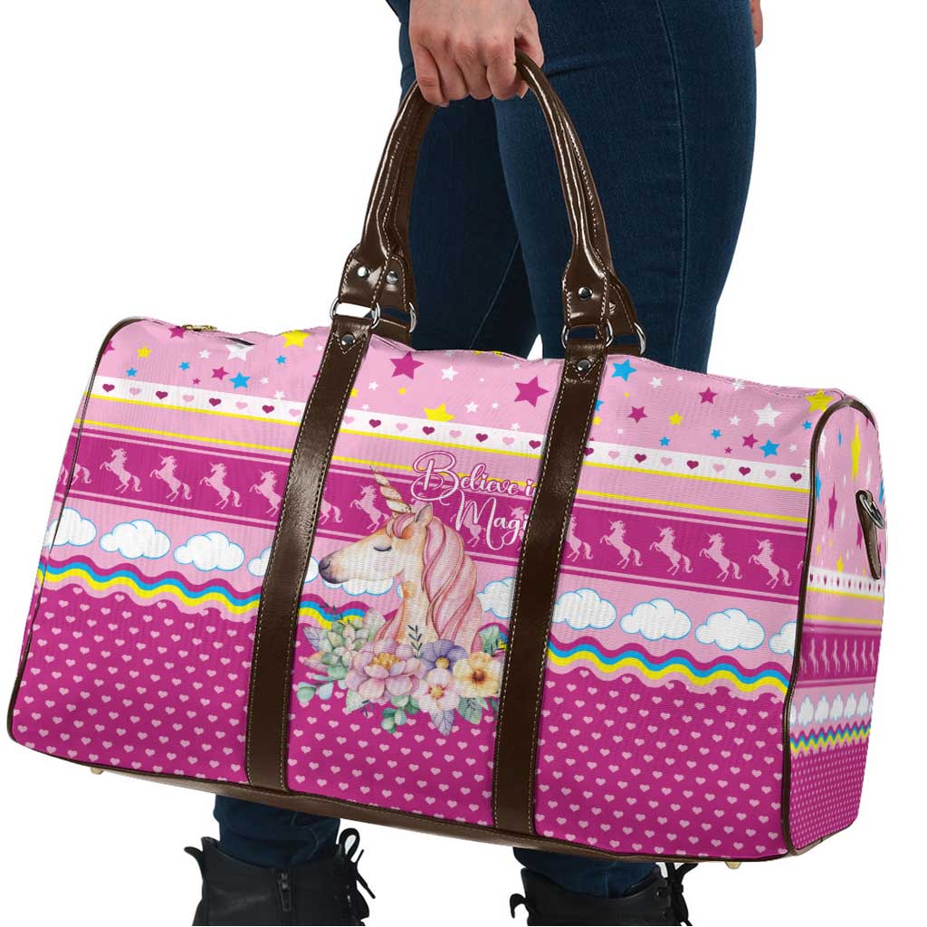 Unicorn Believe In Magic Christmas Travel Bag with Believe in Magic Quote Pink Hearts Stars and Rainbow - Wonder Print Shop