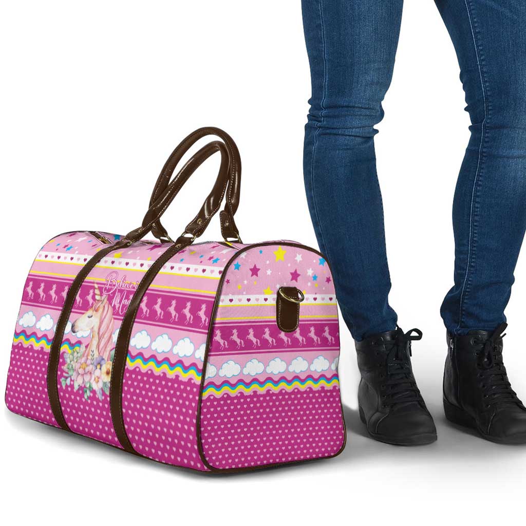 Unicorn Believe In Magic Christmas Travel Bag with Believe in Magic Quote Pink Hearts Stars and Rainbow - Wonder Print Shop