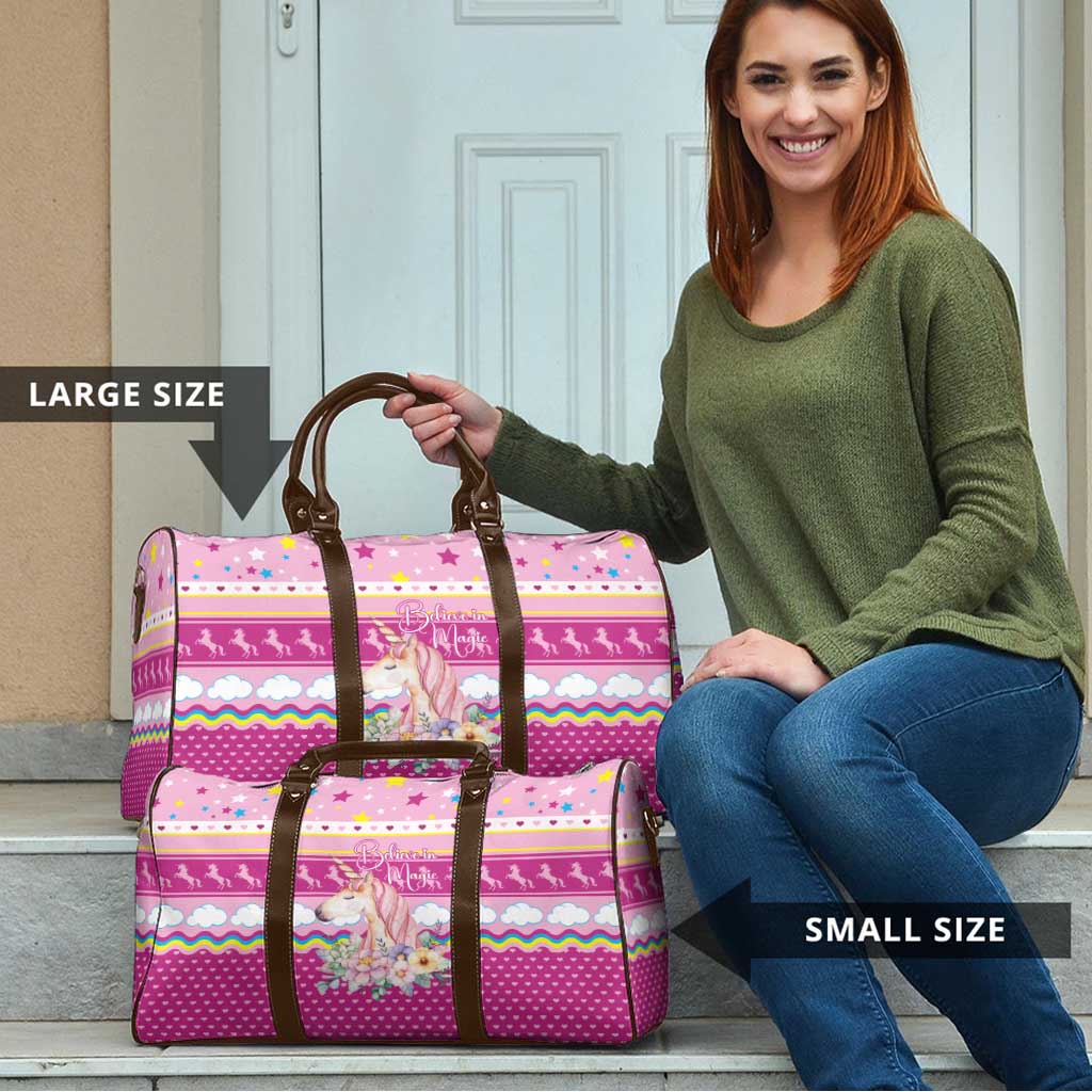 Unicorn Believe In Magic Christmas Travel Bag with Believe in Magic Quote Pink Hearts Stars and Rainbow - Wonder Print Shop