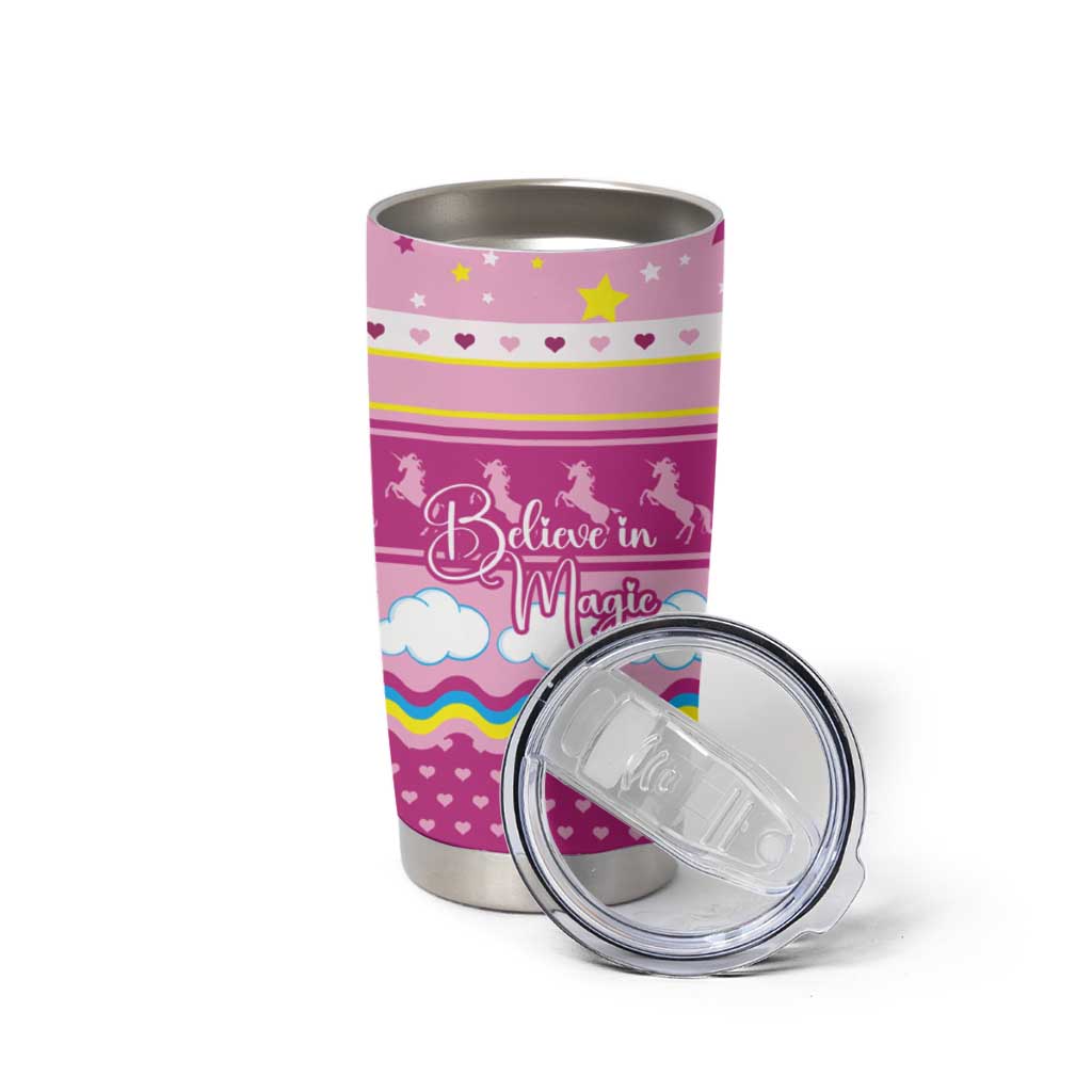 Unicorn Believe In Magic Christmas Tumbler Cup with Believe in Magic Quote Pink Hearts Stars and Rainbow - Wonder Print Shop