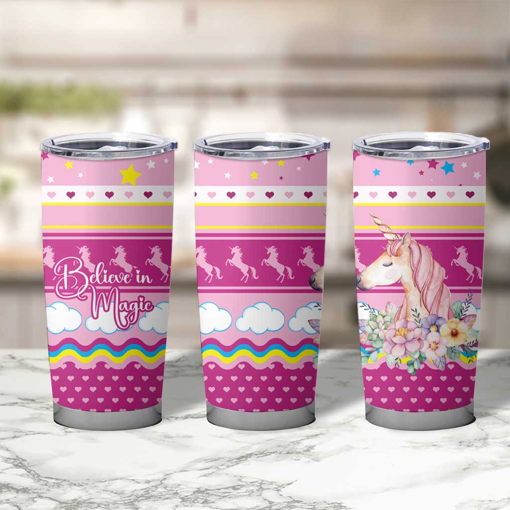 Unicorn Believe In Magic Christmas Tumbler Cup with Believe in Magic Quote Pink Hearts Stars and Rainbow - Wonder Print Shop