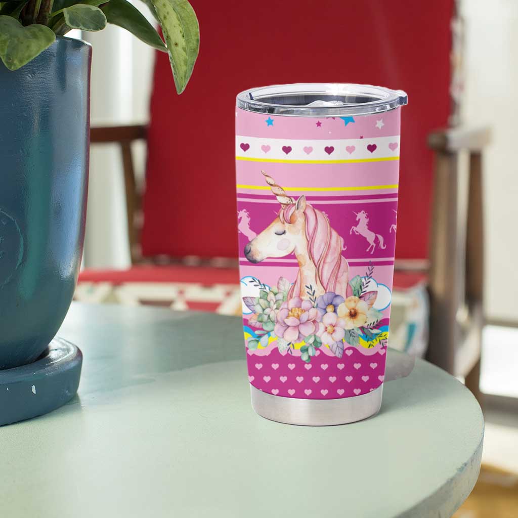 Unicorn Believe In Magic Christmas Tumbler Cup with Believe in Magic Quote Pink Hearts Stars and Rainbow - Wonder Print Shop