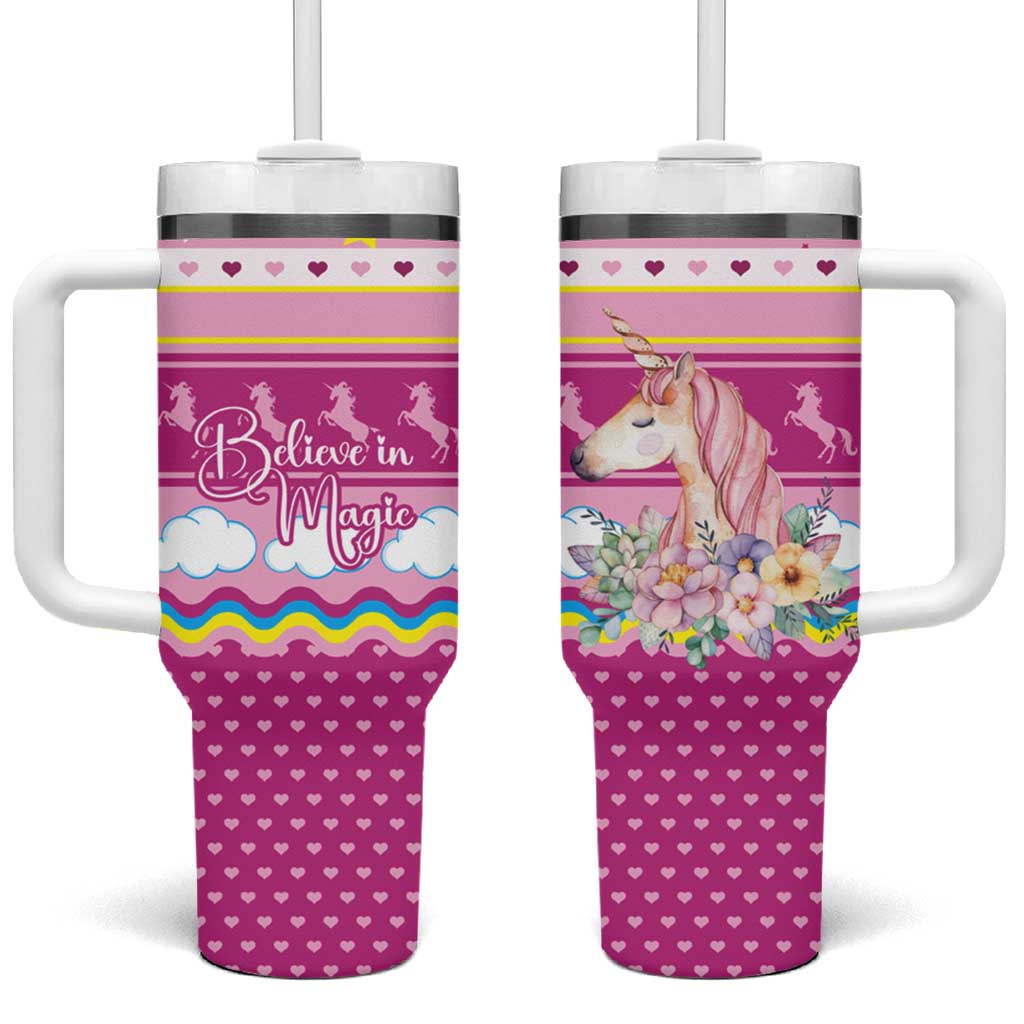 Unicorn Believe In Magic Christmas Tumbler With Handle with Believe in Magic Quote Pink Hearts Stars and Rainbow - Wonder Print Shop