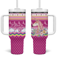 Unicorn Believe In Magic Christmas Tumbler With Handle with Believe in Magic Quote Pink Hearts Stars and Rainbow - Wonder Print Shop