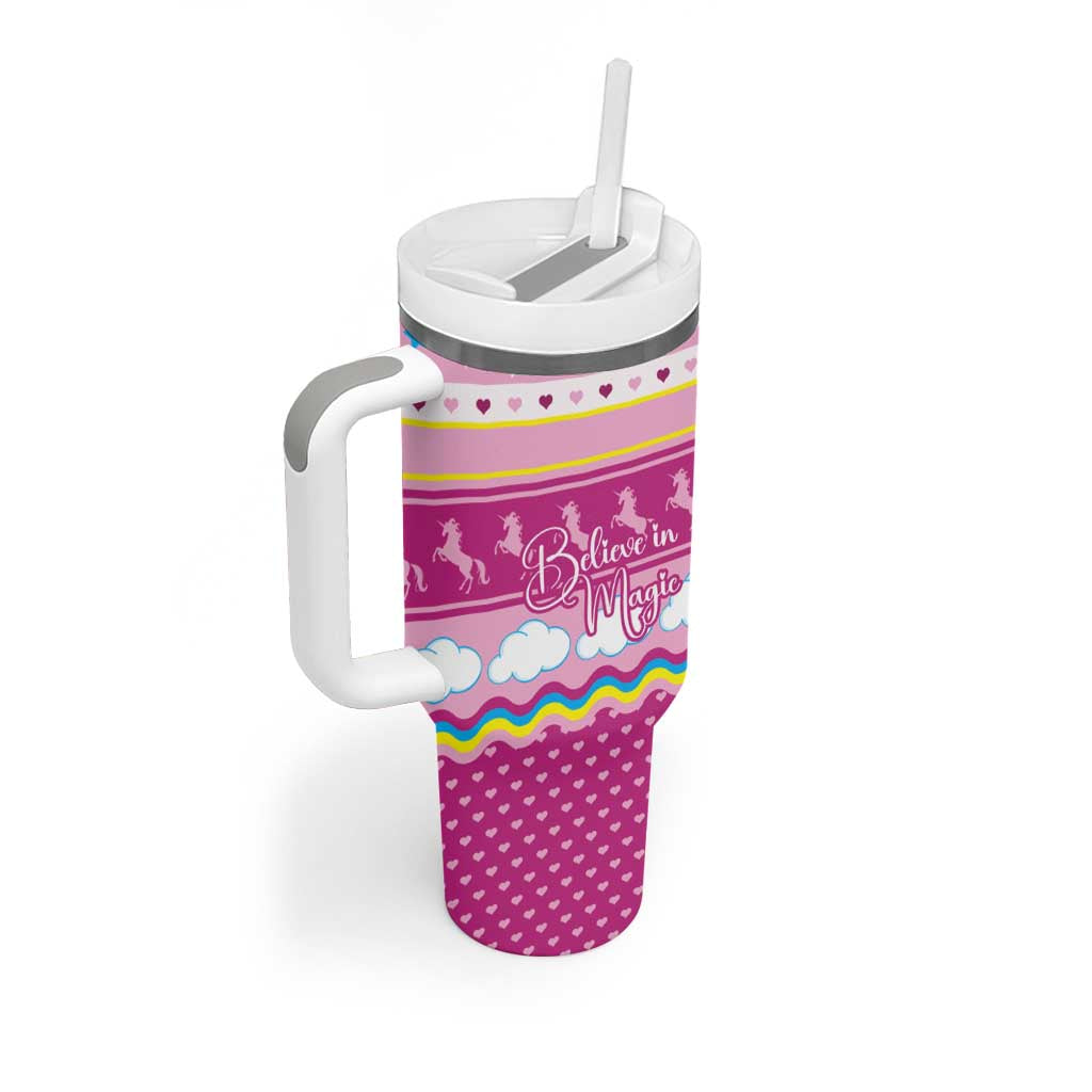 Unicorn Believe In Magic Christmas Tumbler With Handle with Believe in Magic Quote Pink Hearts Stars and Rainbow - Wonder Print Shop