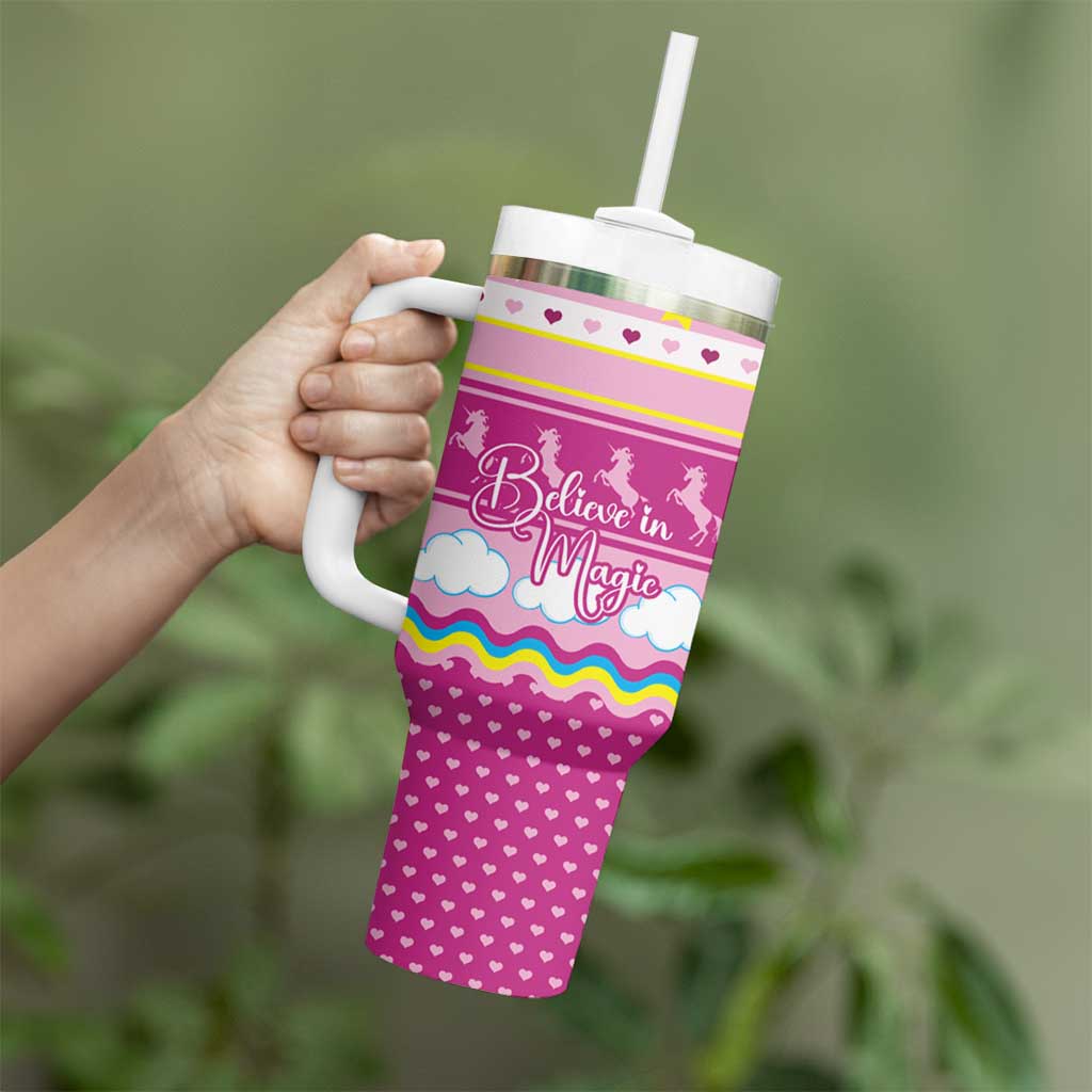 Unicorn Believe In Magic Christmas Tumbler With Handle with Believe in Magic Quote Pink Hearts Stars and Rainbow - Wonder Print Shop