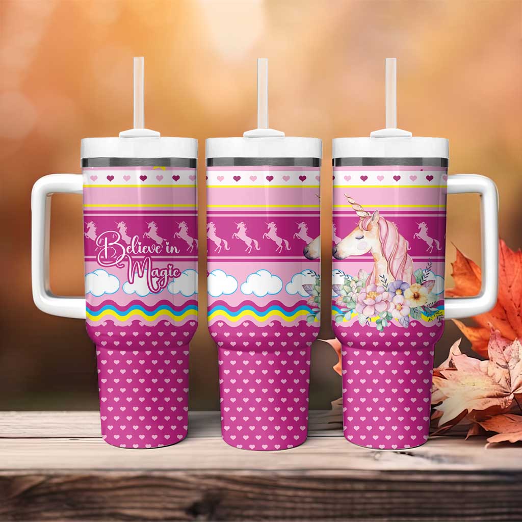 Unicorn Believe In Magic Christmas Tumbler With Handle with Believe in Magic Quote Pink Hearts Stars and Rainbow - Wonder Print Shop