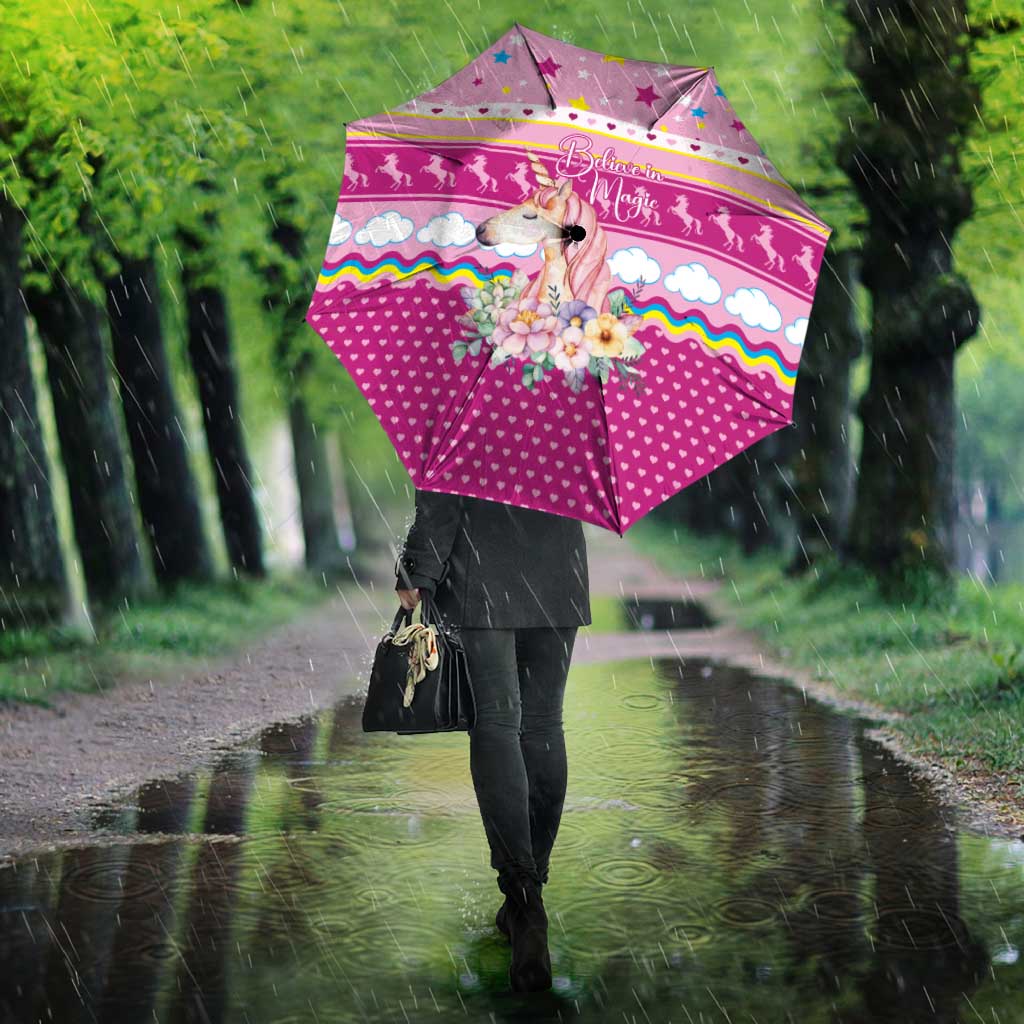 Unicorn Believe In Magic Christmas Umbrella with Believe in Magic Quote Pink Hearts Stars and Rainbow - Wonder Print Shop