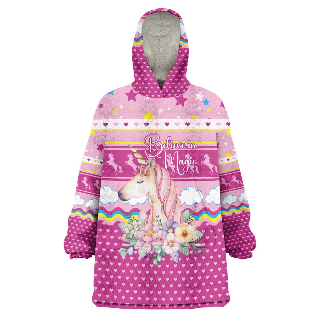 Unicorn Believe In Magic Christmas Wearable Blanket Hoodie with Believe in Magic Quote Pink Hearts Stars and Rainbow - Wonder Print Shop