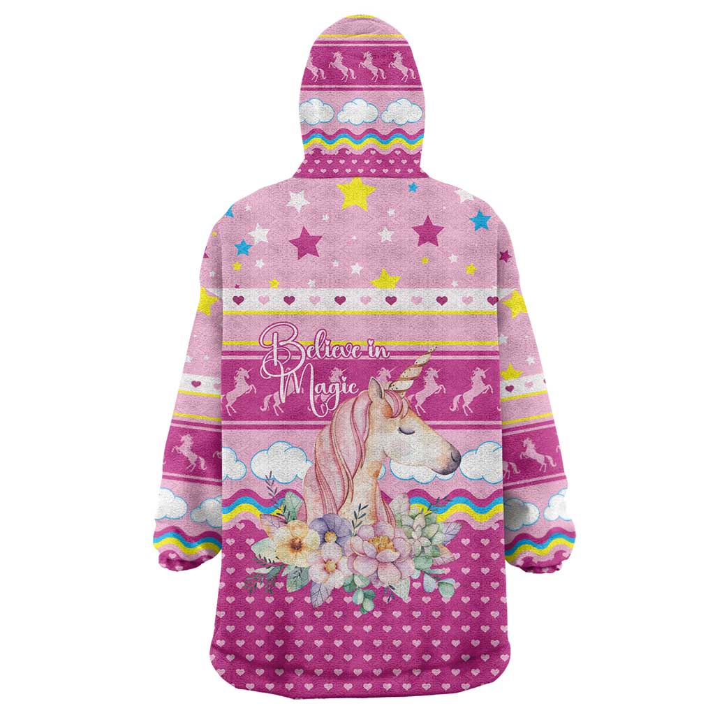 Unicorn Believe In Magic Christmas Wearable Blanket Hoodie with Believe in Magic Quote Pink Hearts Stars and Rainbow - Wonder Print Shop