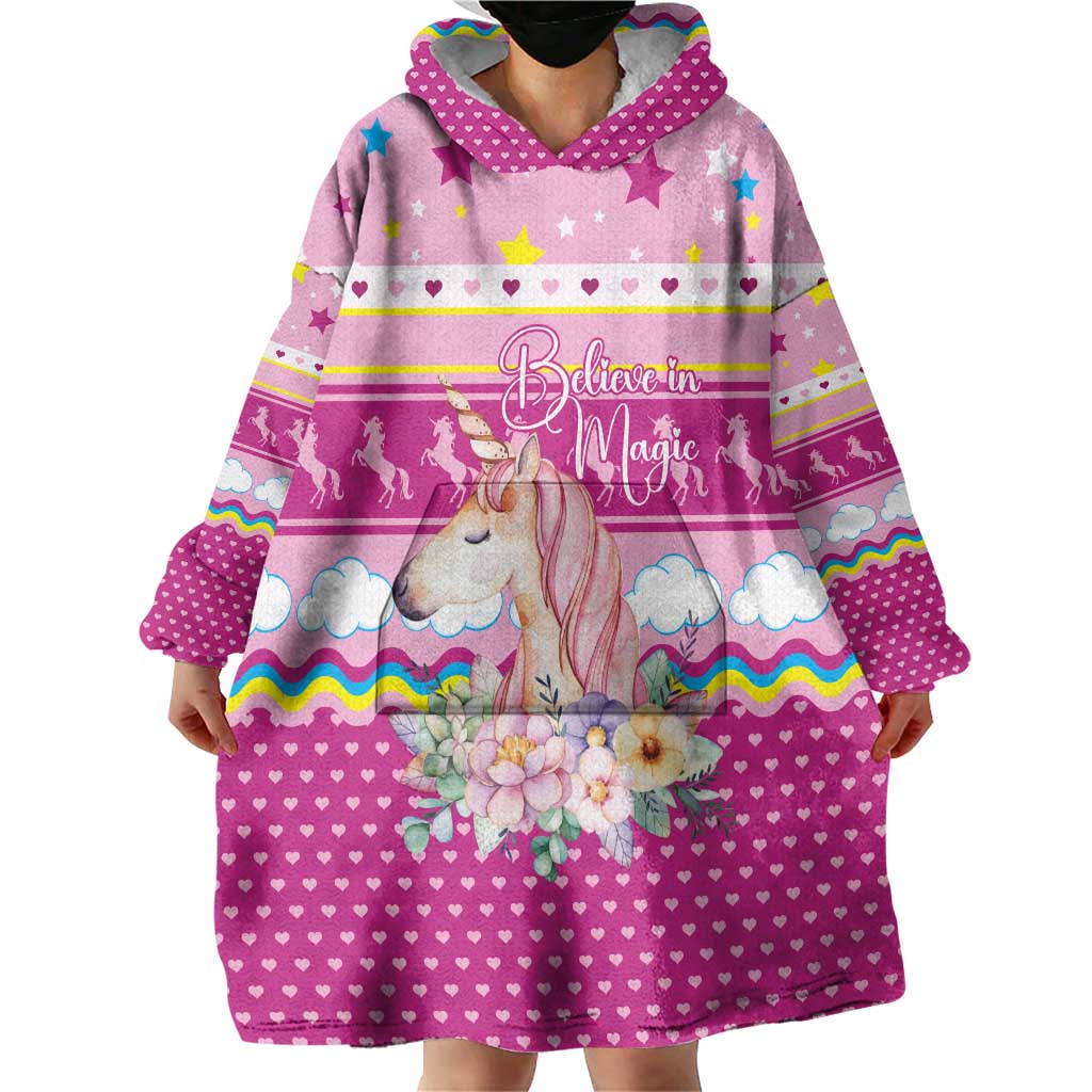 Unicorn Believe In Magic Christmas Wearable Blanket Hoodie with Believe in Magic Quote Pink Hearts Stars and Rainbow - Wonder Print Shop